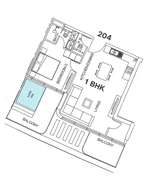 Floor plan of 1 BHK apartment 204 with bedroom, bathroom, powder room, kitchen/dining area, living room, two balconies, and a plunge pool.