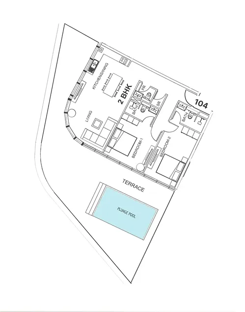Floor plan of a 2-bedroom, 2-bathroom apartment with living and kitchen/dining area, terrace, and plunge pool.