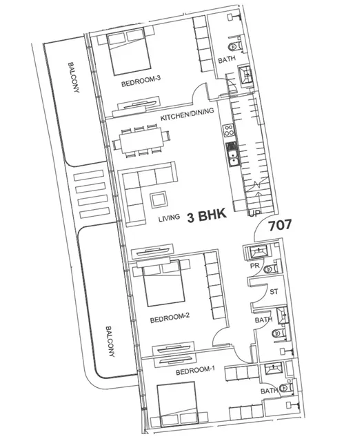 Floor plan of a 3 BHK apartment with three bedrooms, living room, kitchen/dining area, three bathrooms, two balconies, and a staircase.