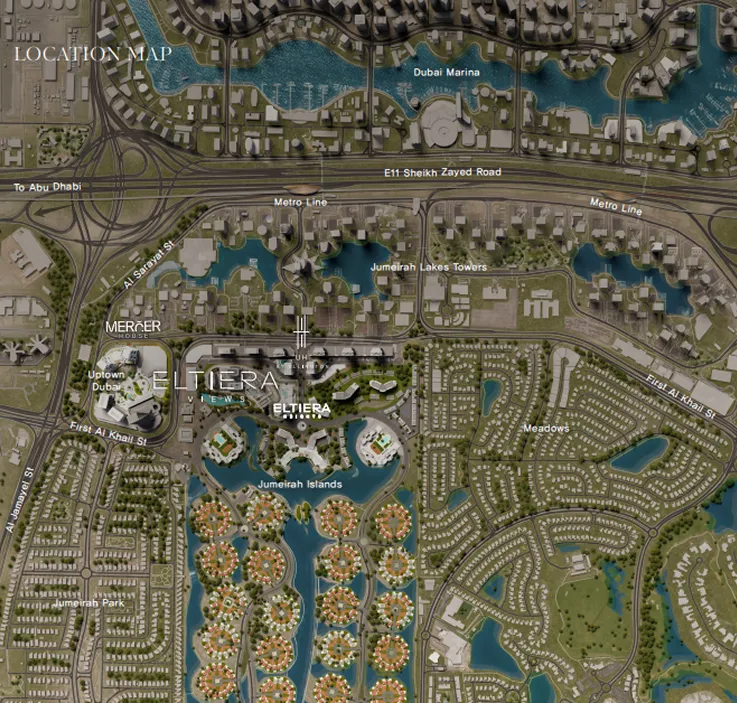 A detailed location map showing ELTIERA Views and ELTIERA Horizon developments surrounded by Jumeirah Islands, Jumeirah Lakes Towers, Uptown Dubai, Meadows, and Dubai Marina with labeled roads including E11 Sheikh Zayed Road and Metro Line.