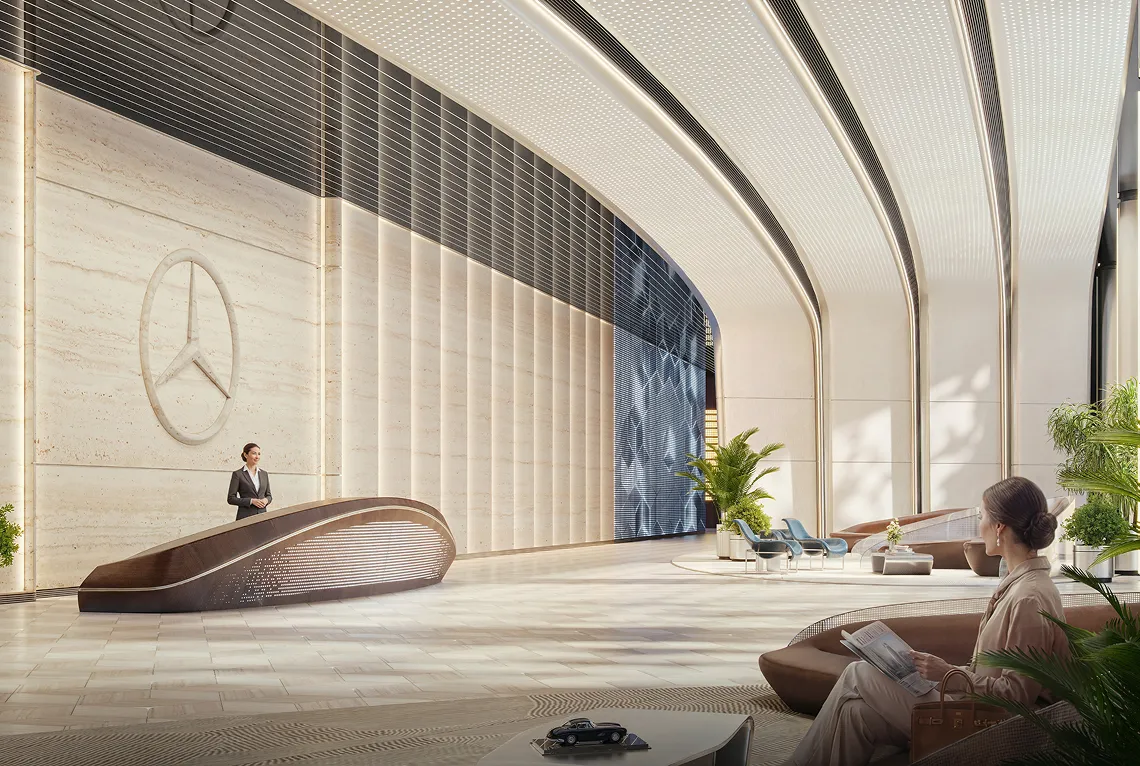 Modern luxury lobby with a curved wooden reception desk, a woman seated reading a magazine, potted plants, and a large Mercedes-Benz logo on the marble wall.
