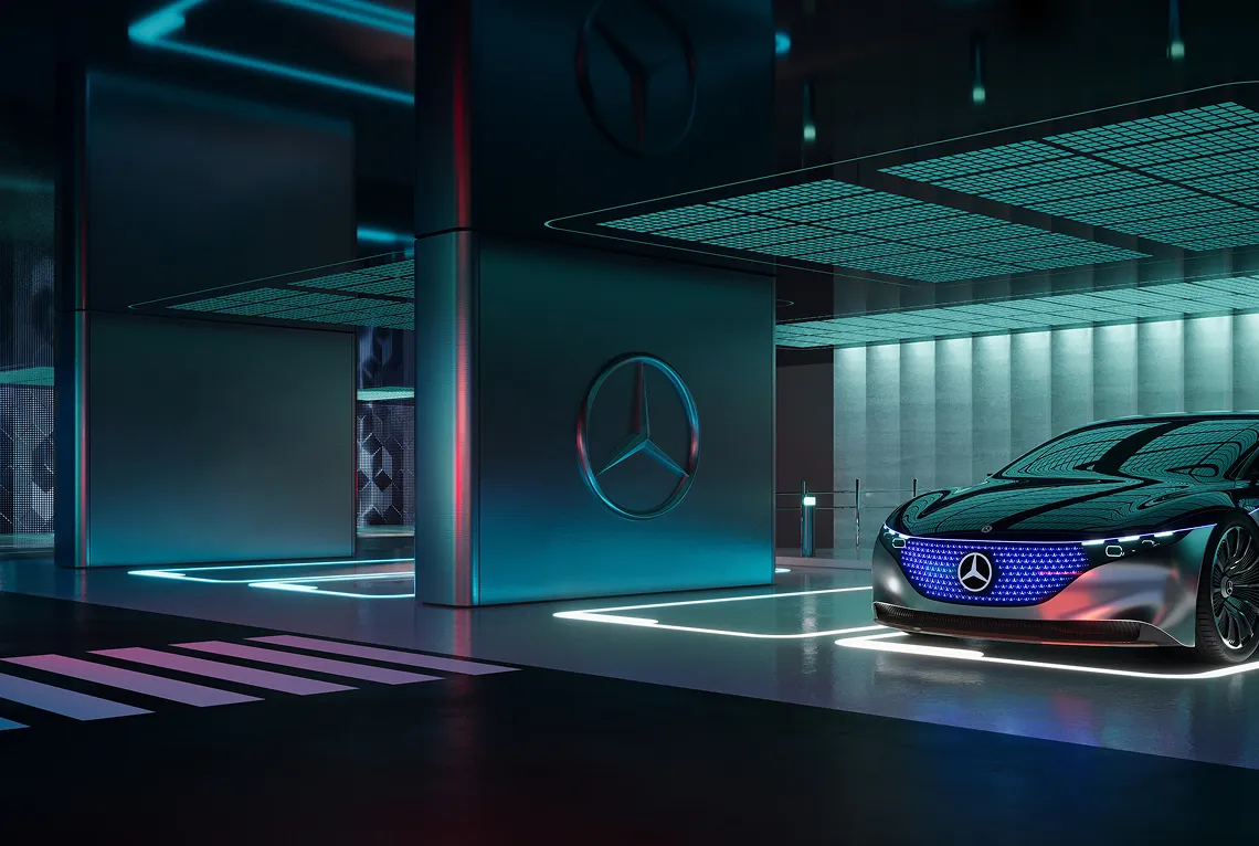 Futuristic black Mercedes-Benz electric car parked inside a modern showroom with illuminated floor and ceiling panels.