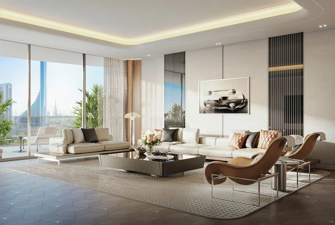 Modern living room with beige sectional sofa, brown leather chairs, a central coffee table, large windows with cityscape view, and decorative plants.