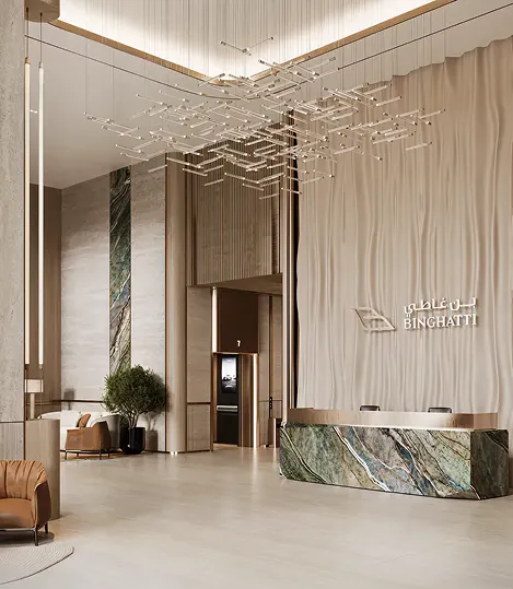Luxurious hotel lobby with a modern geometric chandelier, marble reception desk, and contemporary seating.
