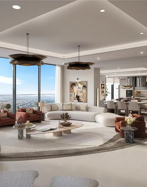 Modern living room with large windows overlooking a cityscape, featuring a curved white sofa, two rust-colored armchairs, round coffee tables, and abstract ceiling lights.