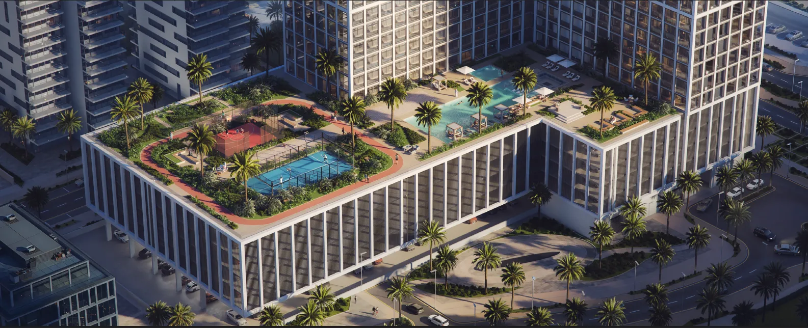Aerial view of a modern building with a rooftop featuring a swimming pool, tennis court, basketball court, walking track, and palm trees.