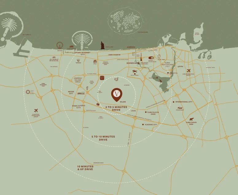 Map of Dubai neighborhoods highlighting Majan in the center with driving distances of 3 to 5 minutes, 5 to 10 minutes, and 10 minutes or more to various landmarks like Dubai Internet City, Deira, Dubai Safari Park, and airports.