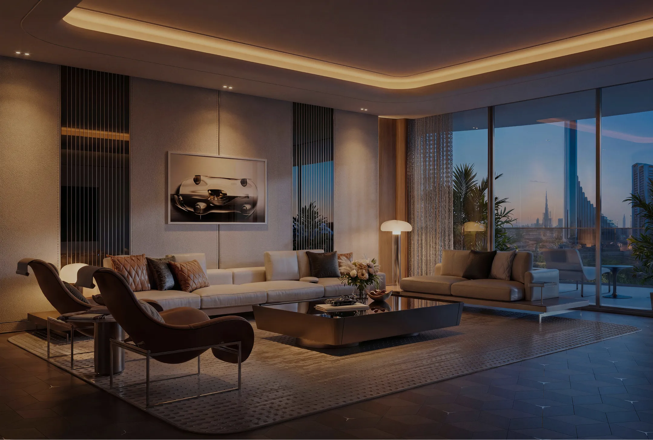Modern living room with large beige sofas, armchairs, coffee table, and floor lamp, overlooking a city skyline at dusk through floor-to-ceiling windows.
