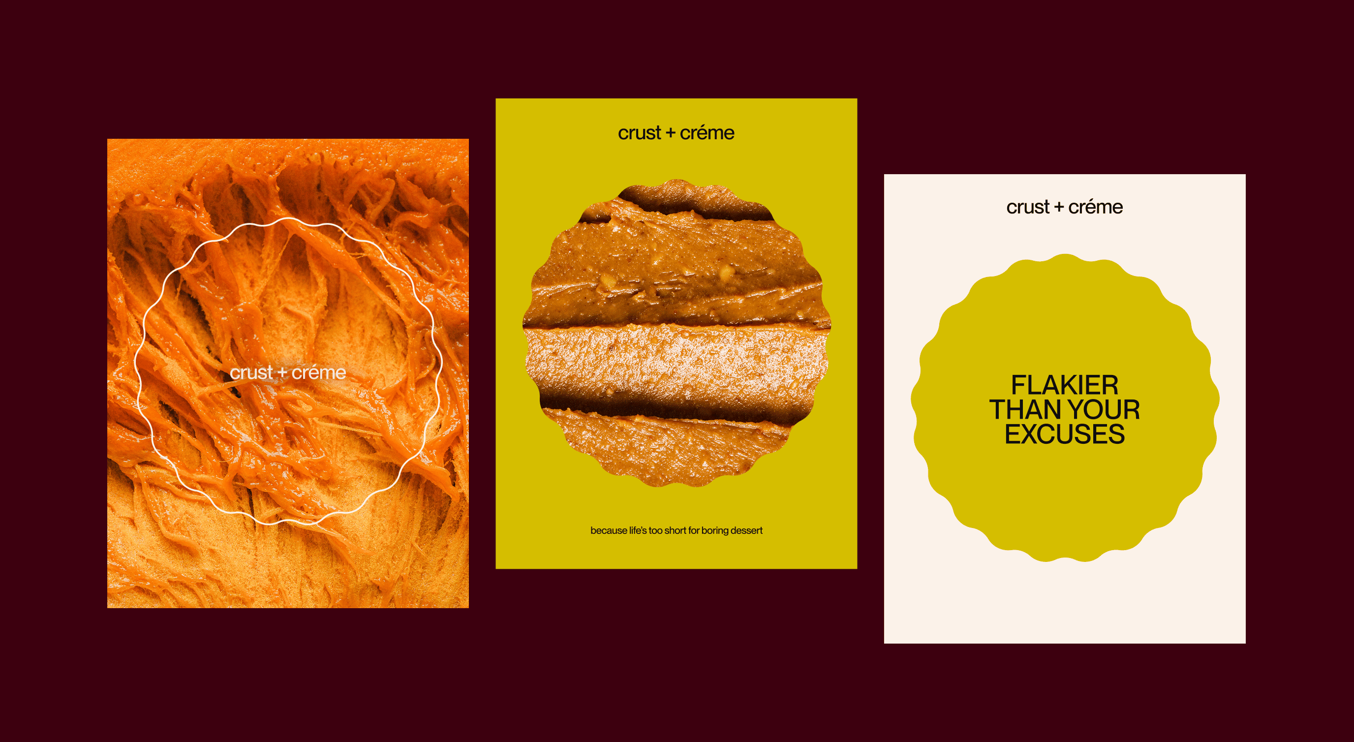 Three artistic close-up images of flaky crust and creamy filling textures with text overlays promoting crust and crème desserts.