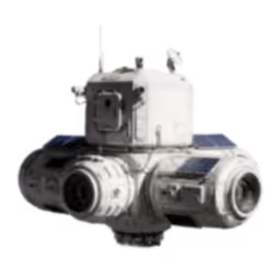 Compact white and gray futuristic spacecraft with cylindrical engines and a small antenna on top.