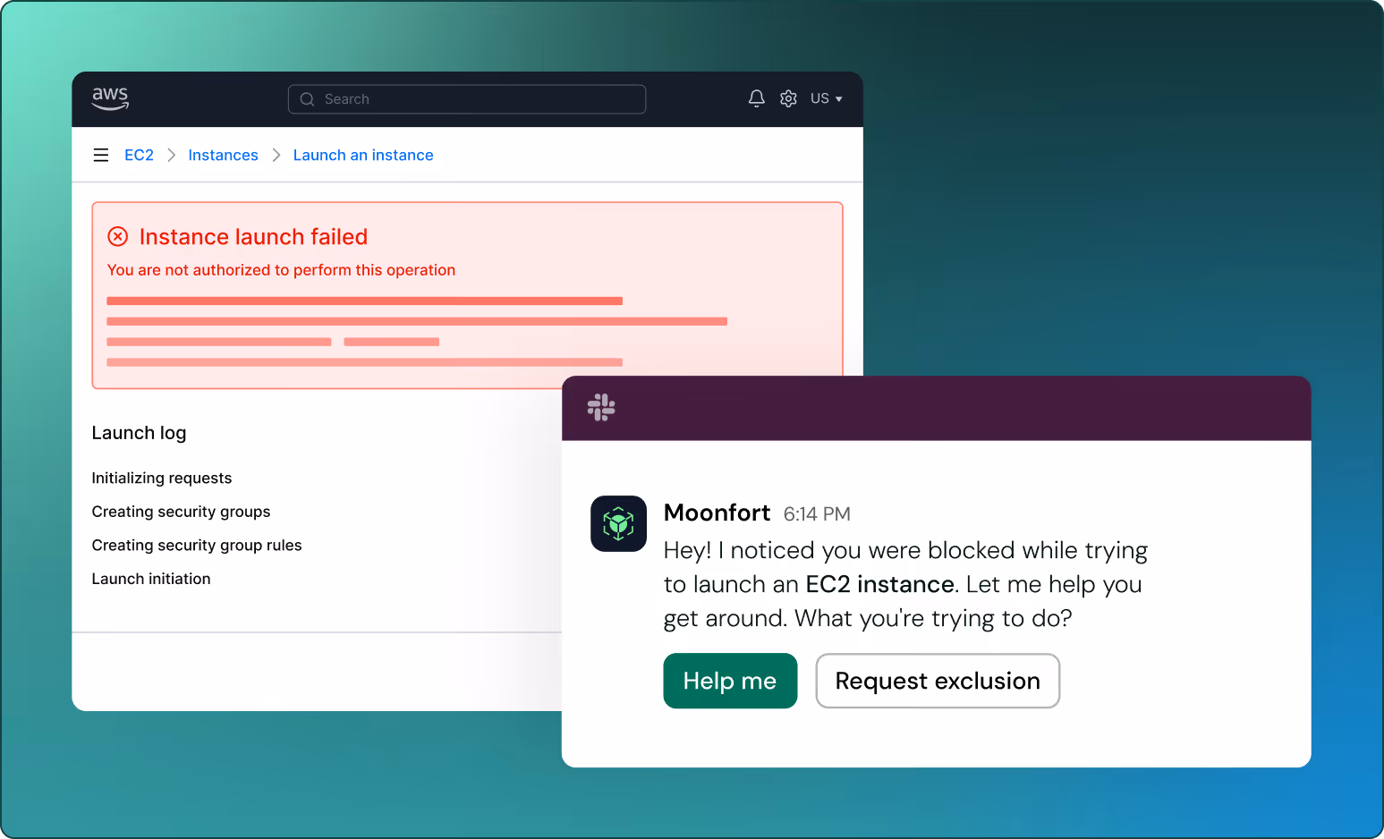 AWS EC2 interface showing 'Instance launch failed' error for unauthorized operation, with a Moonfort chat message offering help or request exclusion.