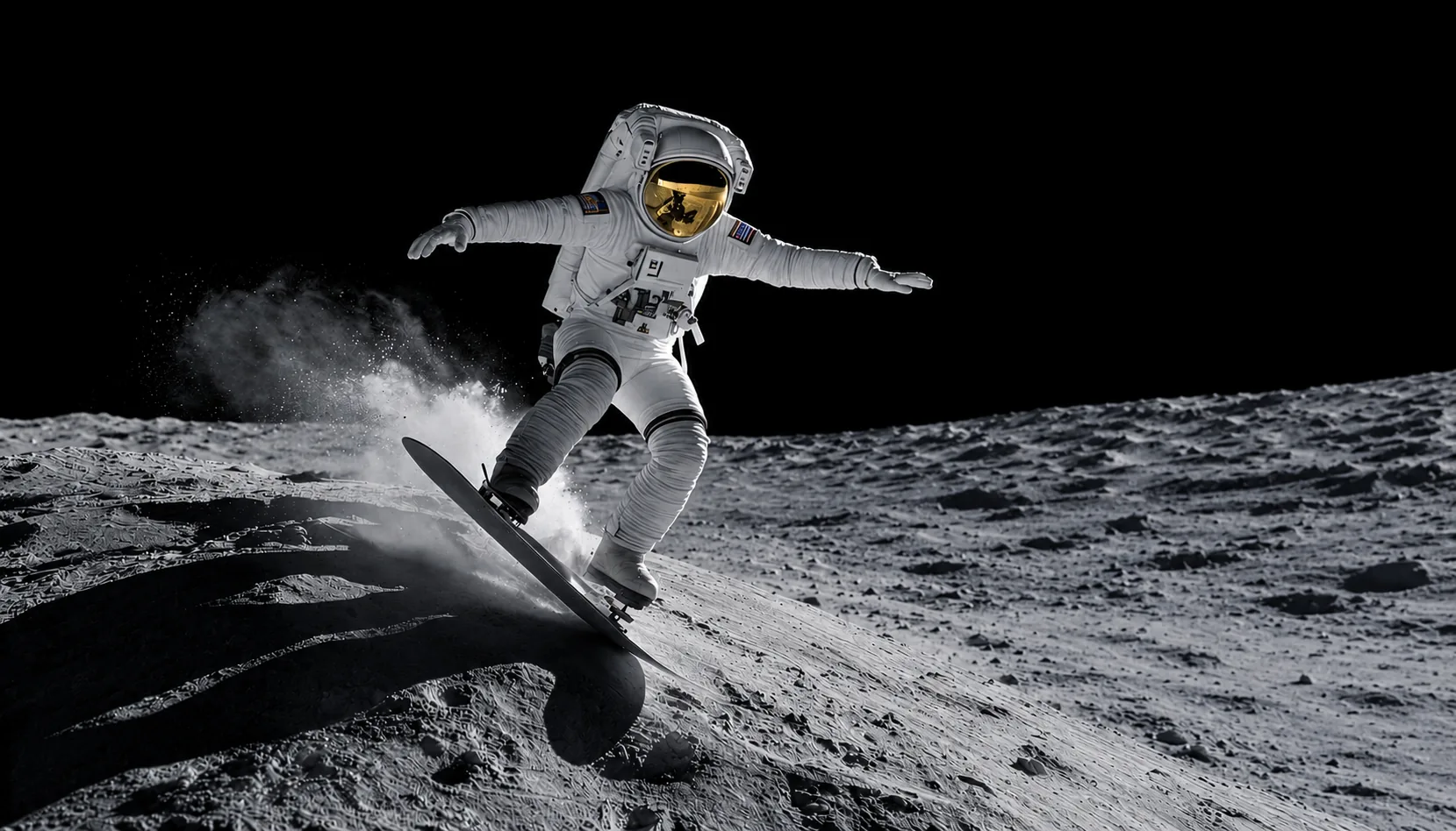 An astronaut snowboarding down a lunar slope, Earth rising behind