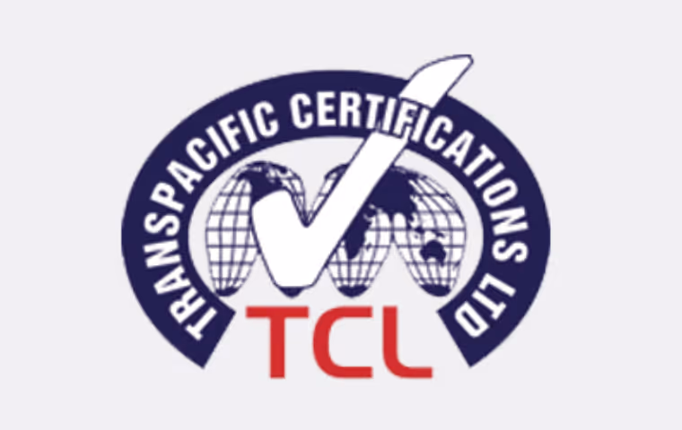 Logo of Transpacific Certifications Ltd featuring a blue globe design with a white checkmark and red letters TCL.