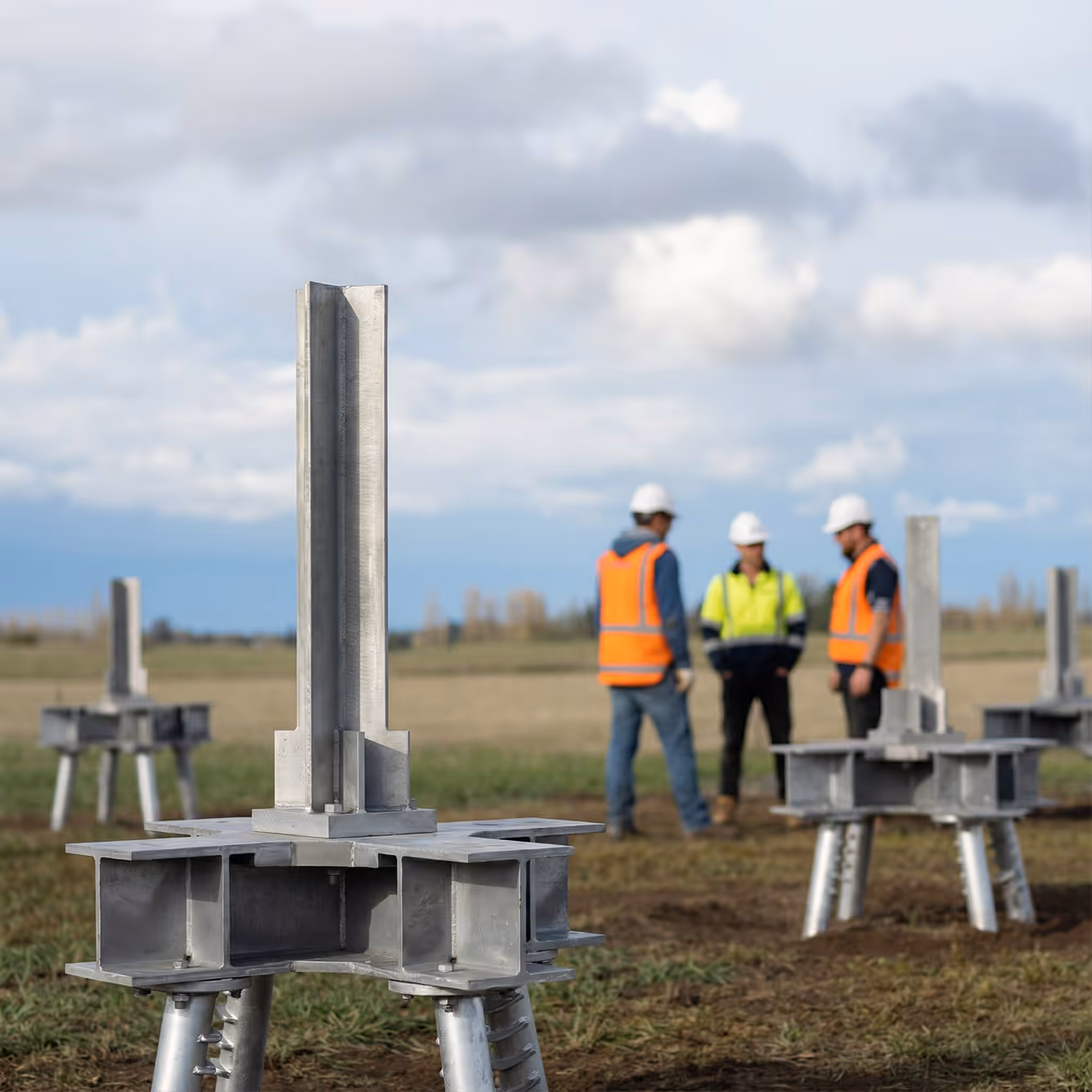 Steel foundation posts installed in a field with three construction workers wearing safety vests and helmets in the background.