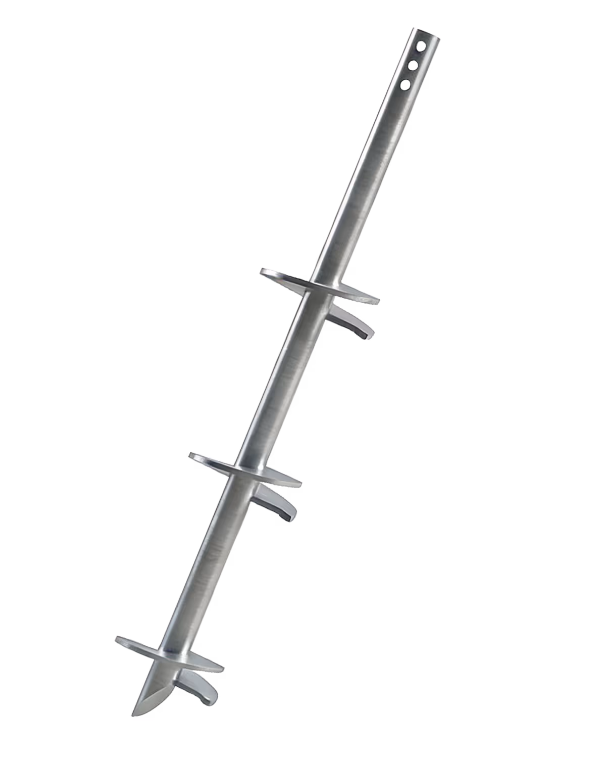 Metal screw pile anchor with three helical blades along its shaft.