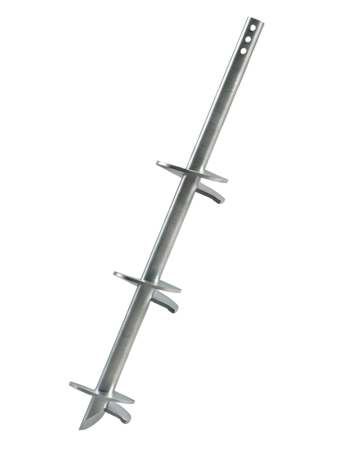 Metal screw pile anchor with three helical blades along its shaft.