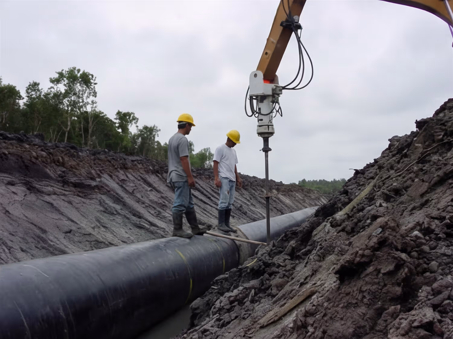 Two construction workers wearing yellow helmets standing on a large pipeline in a muddy trench as a mechanical arm operates a tool on the pipeline.
