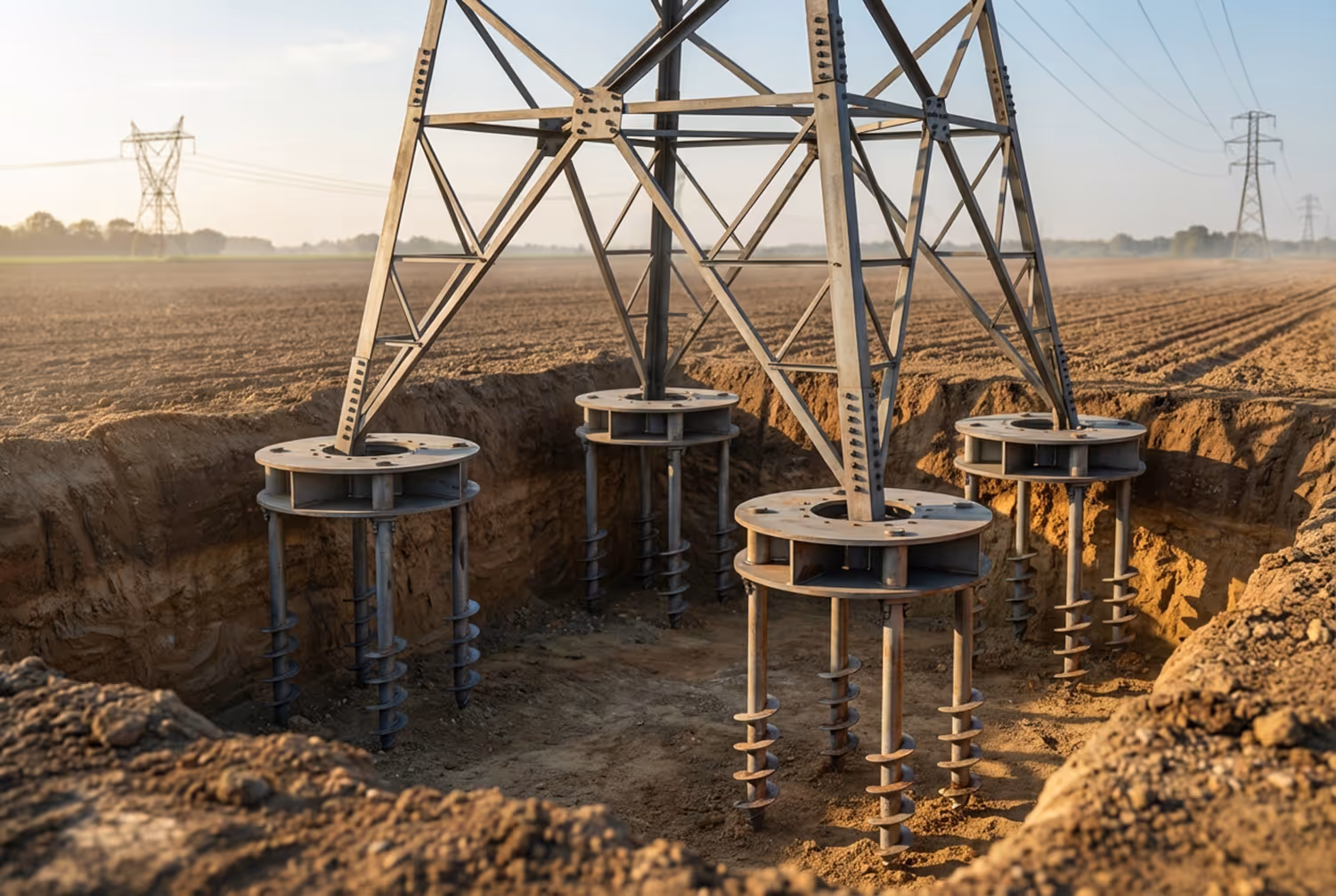 Close-up of metal foundation base with large screw piles anchoring a transmission tower in a dug-out field.