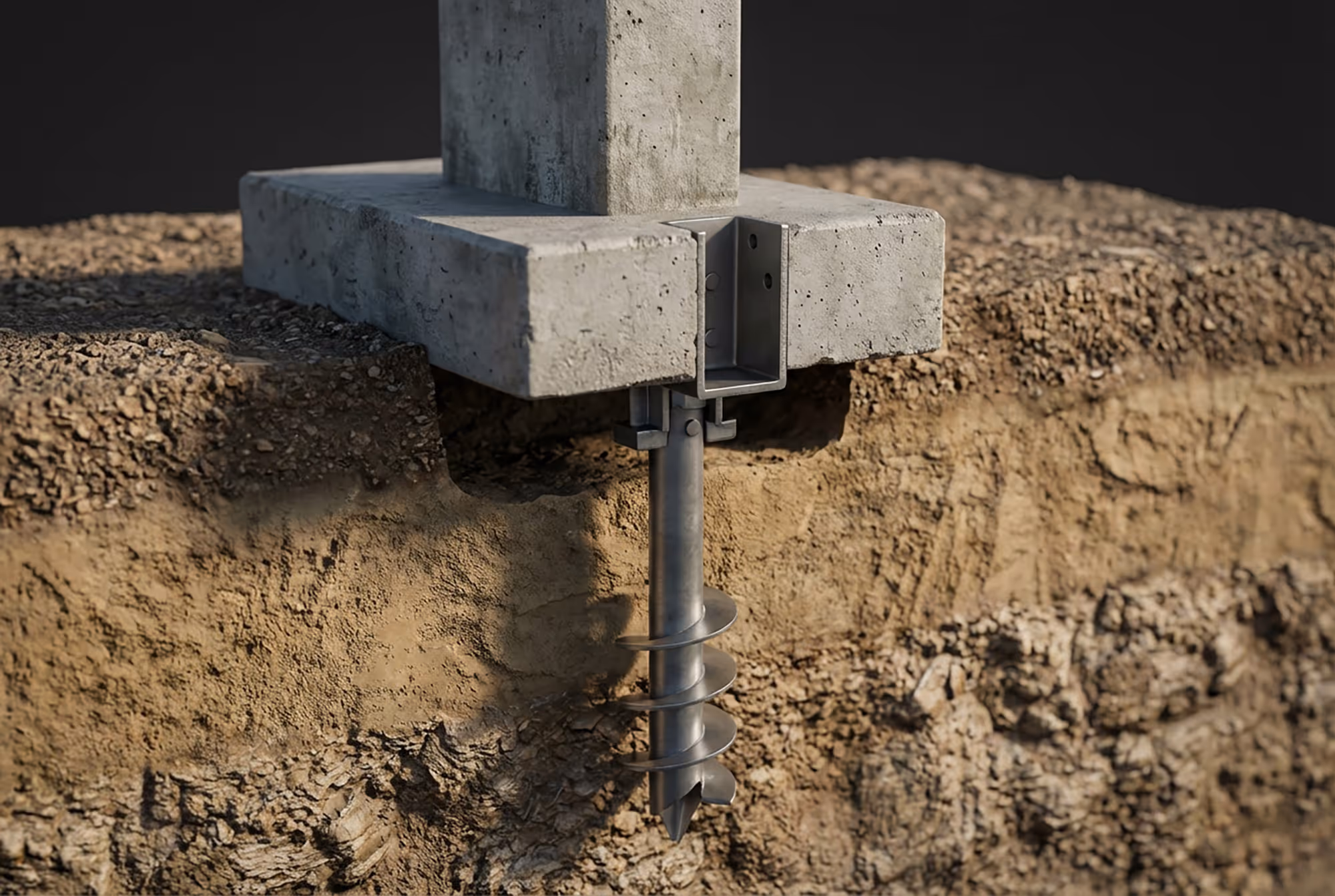 Concrete foundation slab connected to a metal helical screw pile embedded in soil.