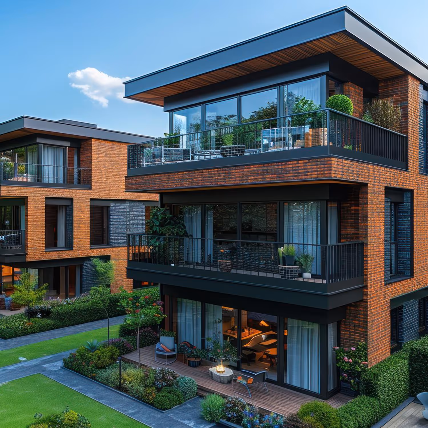 Modern two-story brick residential buildings with large balconies, glass railings, and landscaped gardens under a clear blue sky.