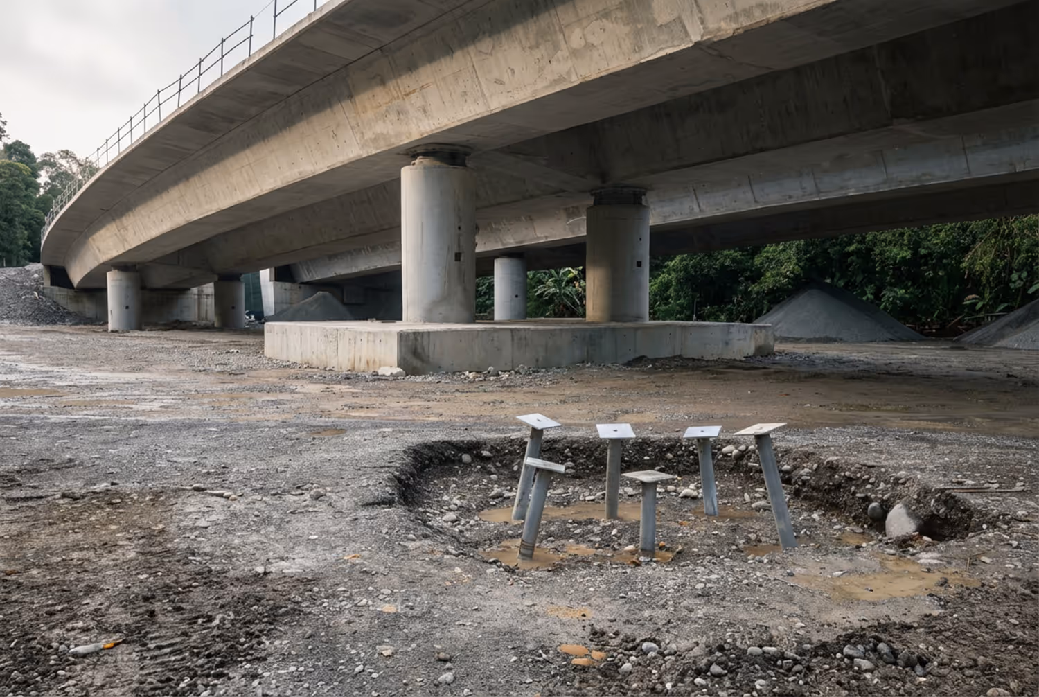 Concrete bridge supported by large cylindrical pillars above a gravel area with several metal screw piles embedded in the ground.