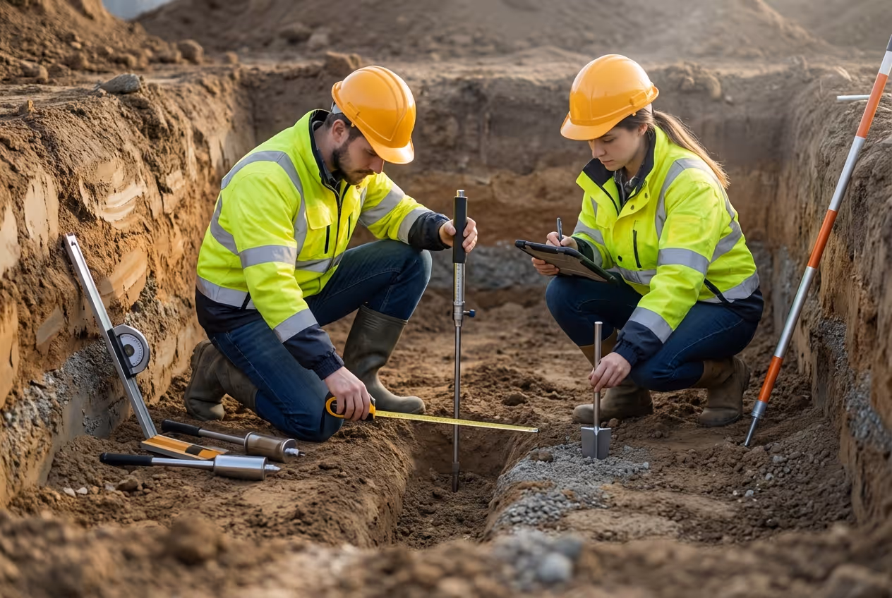Two geotechnical engineers in yellow safety jackets and helmets conducting soil tests in a trench.