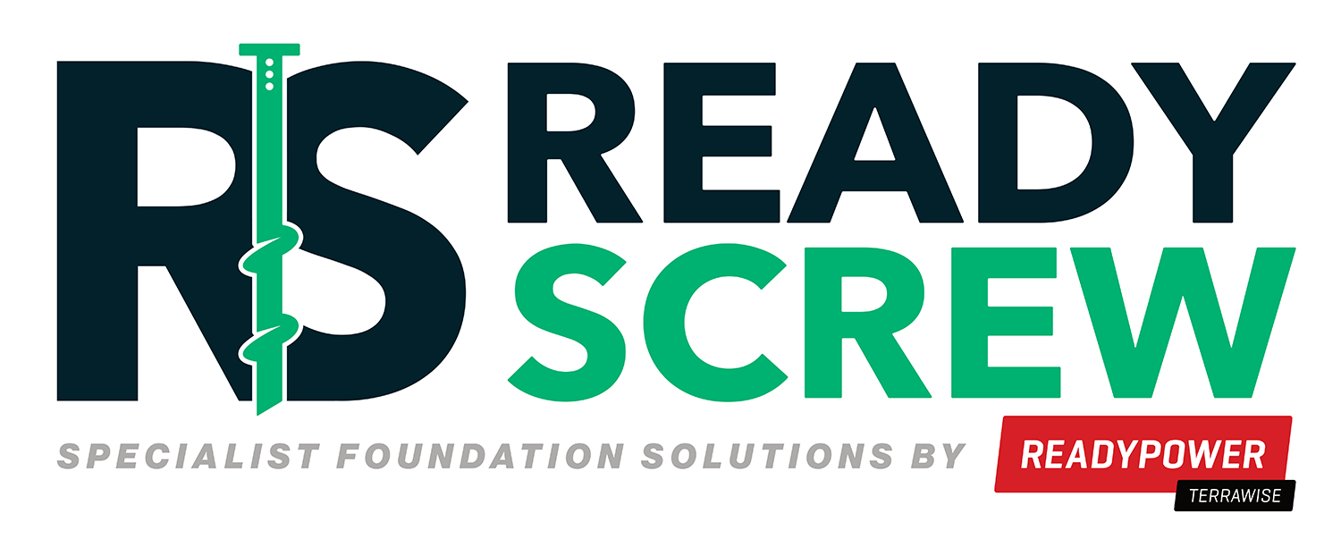 Logo with text 'RS Ready Screw Specialist Foundation Solutions by Readypower Terrawise' with a green screw integrated into the letter S.
