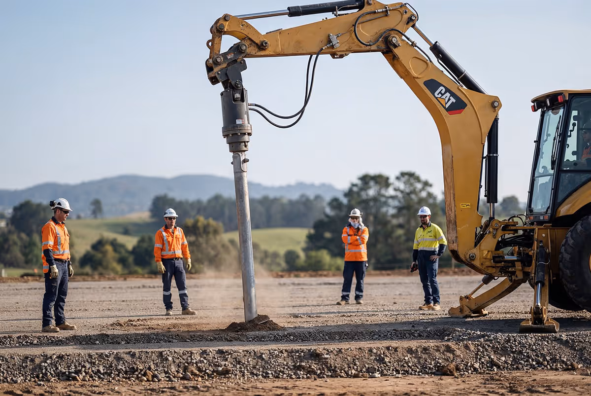 Four construction workers in safety gear observe a yellow excavator drilling a screw pile into the ground on a construction site with hills in the background.