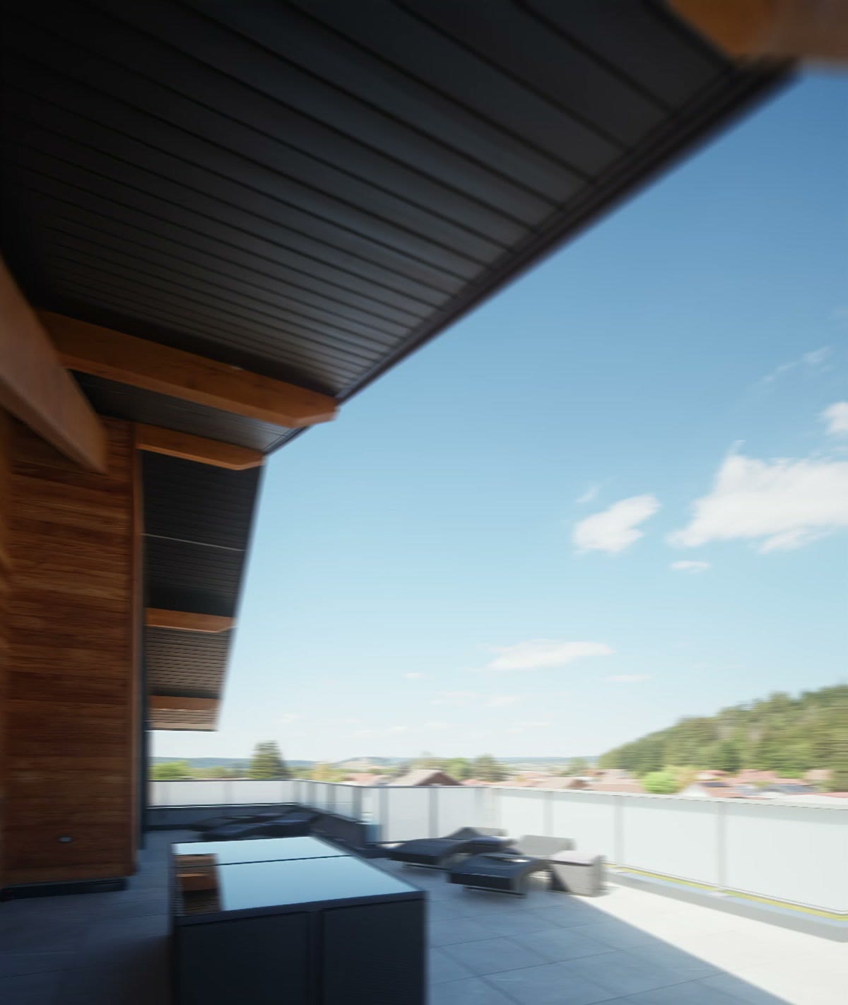 La terrasse couverte et sa vue dégagée sur la campagne