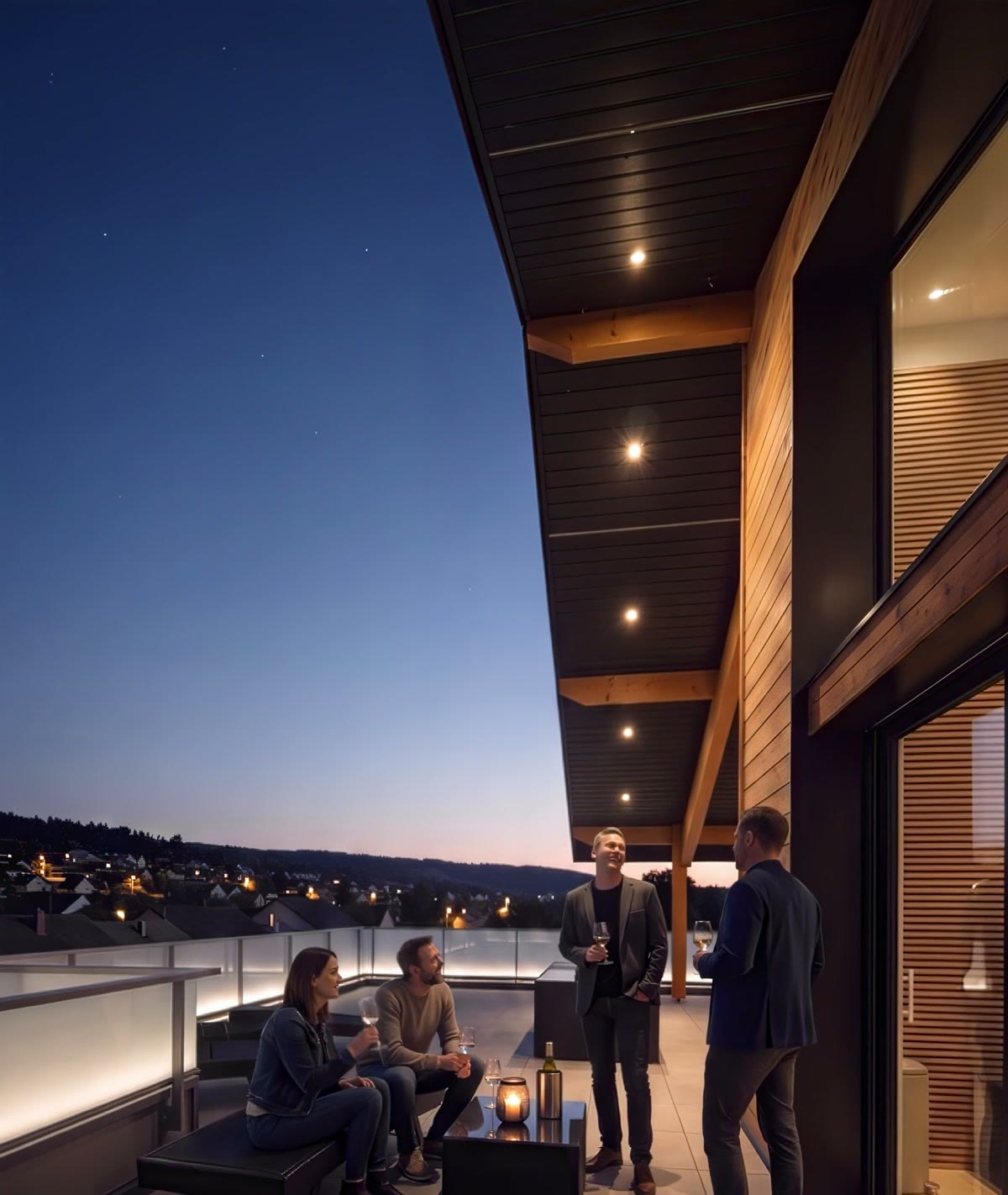 La terrasse au crépuscule, les lumières de la ville au fond