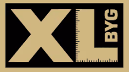 Logo with large letters 'XL' and 'BYG' stacked vertically with ruler markings integrated into the letter L.
