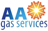 AA Gas Services logo with blue text and orange sunburst design.