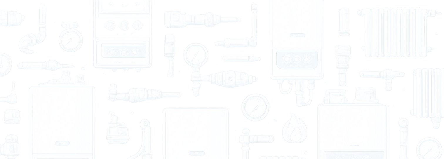 Pattern of various white heating system components including radiators, gauges, valves, and boilers on a black background.