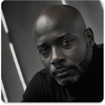 Close-up portrait of a Jeffrey Spates, Host of Jeffrey Speaks, wearing a black shirt against a blurred gray background.