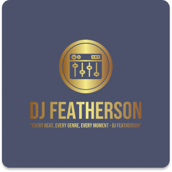 DJ Featherson logo with a gold audio mixer icon above the text and tagline on a dark blue background.
