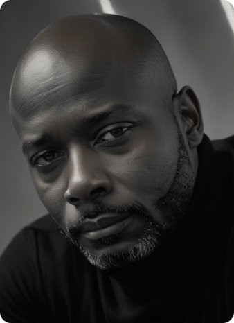 Close-up portrait of Jeffrey Spates, Founder, Host, Motivator, and the Voice Behind Just a Thought Network, with a trimmed beard wearing a black shirt against a blurred gray background.