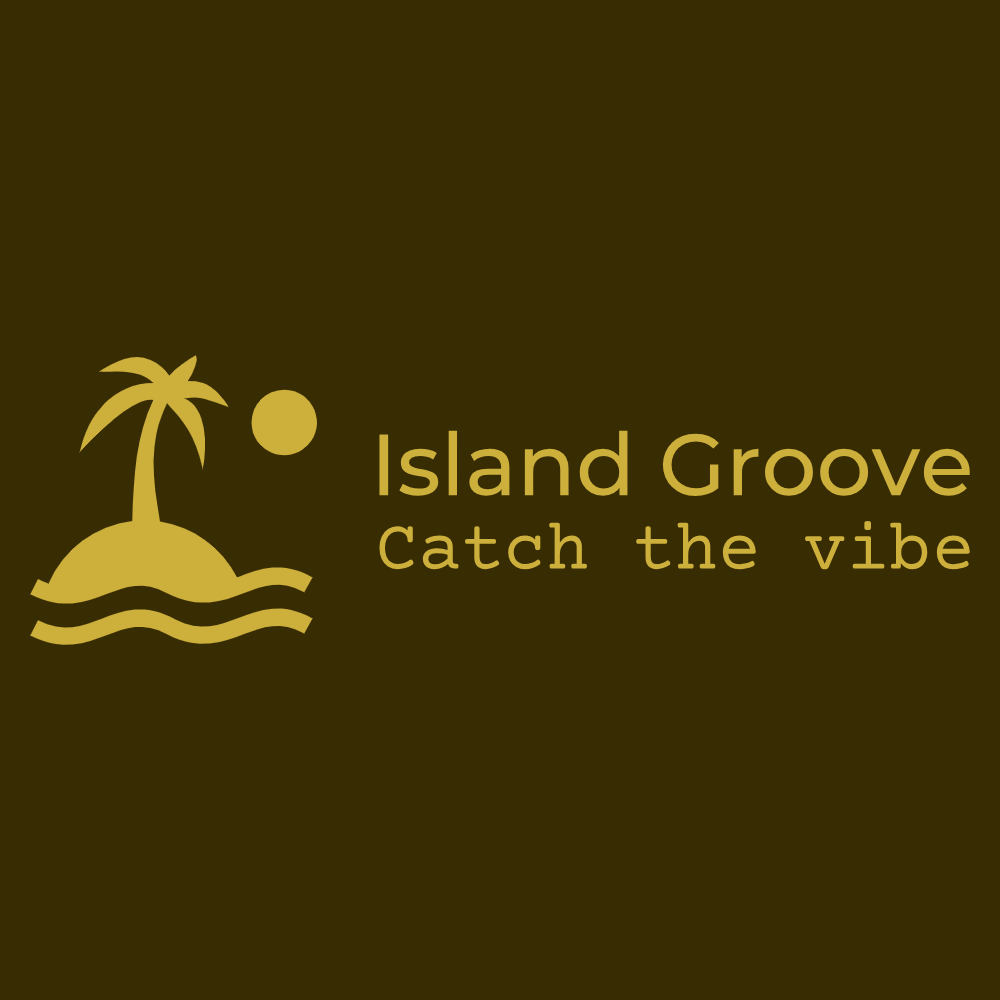 Island Groove logo with a palm tree on an island, sun, waves, and text 'Island Groove Catch the vibe' in gold on a dark background.