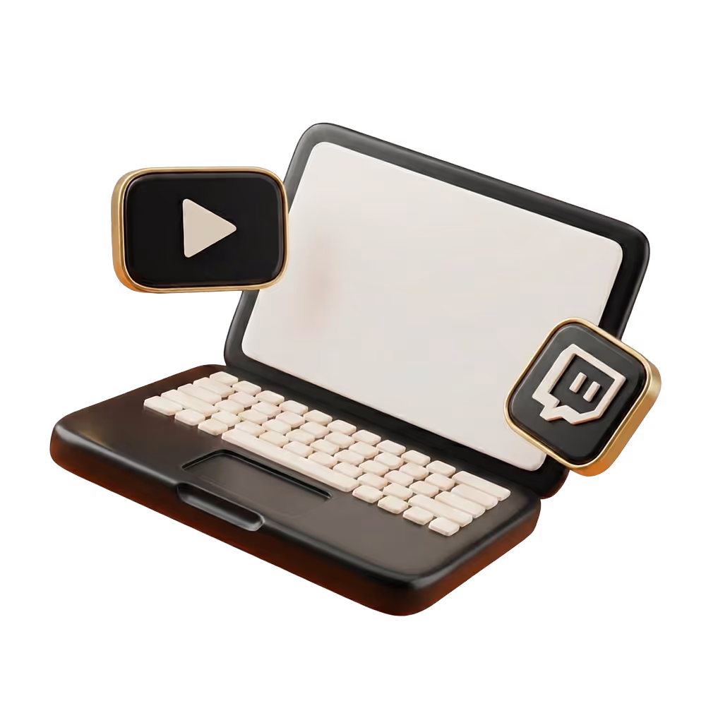 Un ordinateur portable noir avec un écran blanc et des icônes flottantes de lecture vidéo et de discussion en direct.