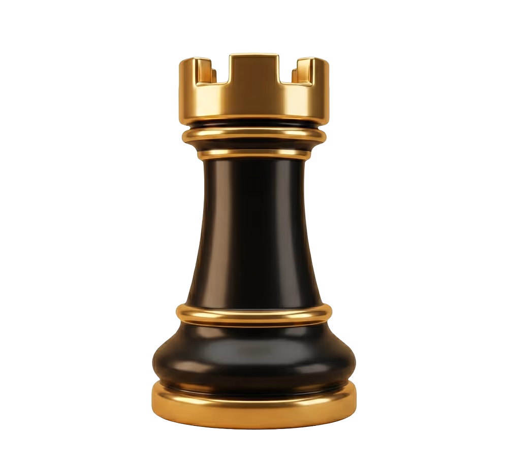 Pion tour d'échecs noir avec détails dorés sur fond transparent.