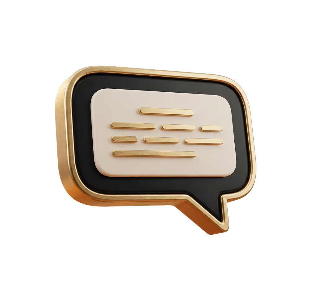 Icône de bulle de dialogue noire avec contour doré et lignes dorées symbolisant du texte.