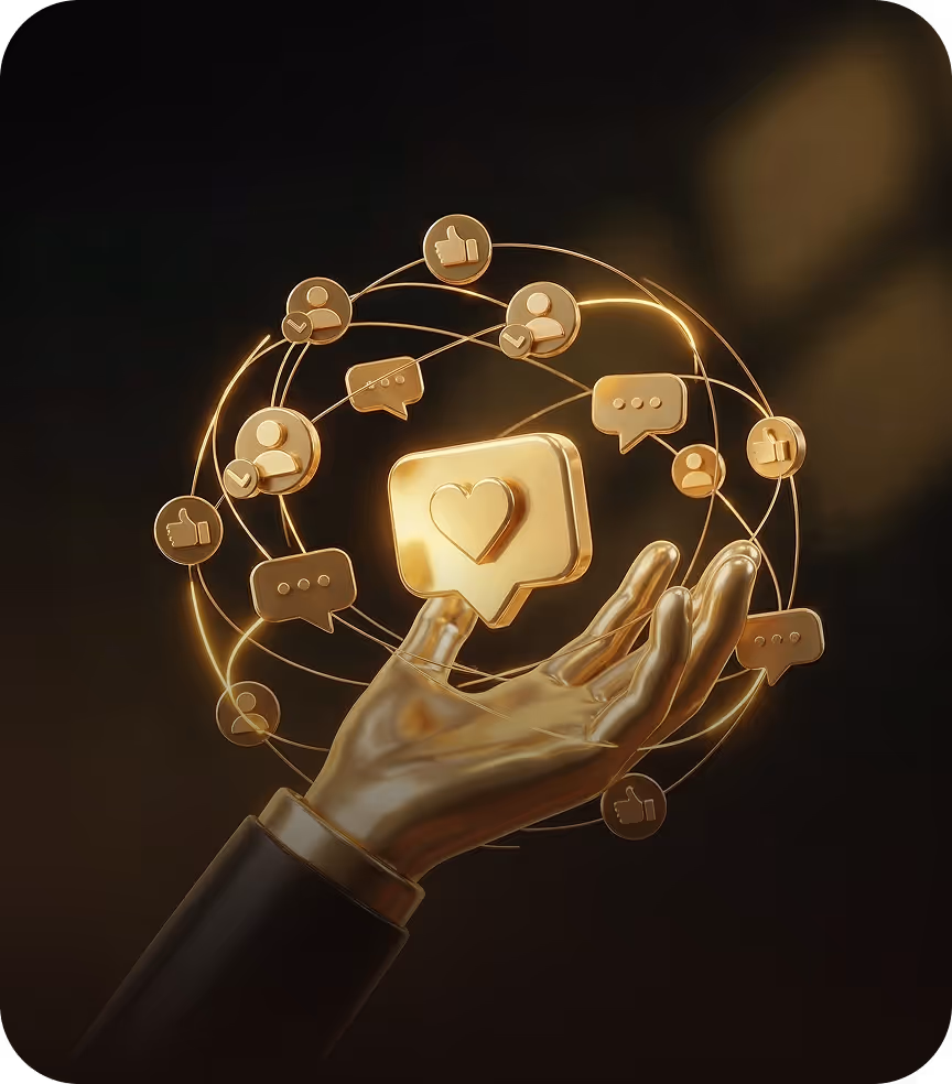 Main dorée tenant une icône de réseau social avec un cœur entourée d'icônes d'interactions comme les pouces levés, commentaires et profils utilisateurs en arrière-plan sombre.