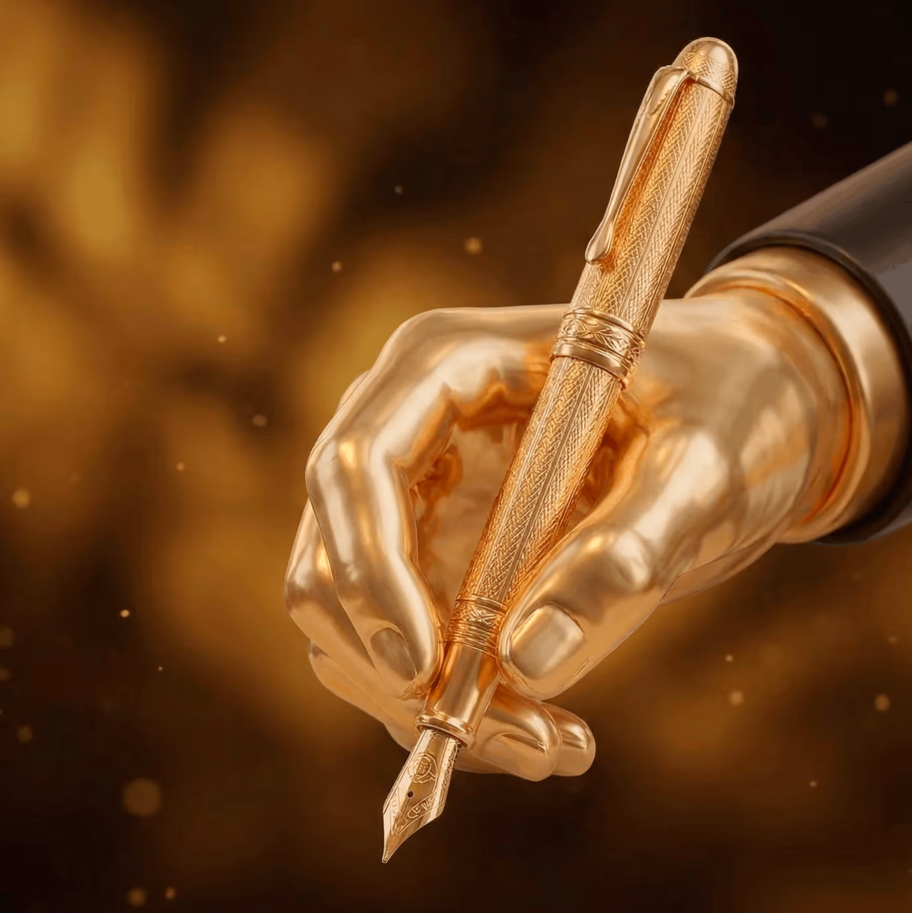 Main dorée tenant un stylo plume doré avec un fond flou doré.