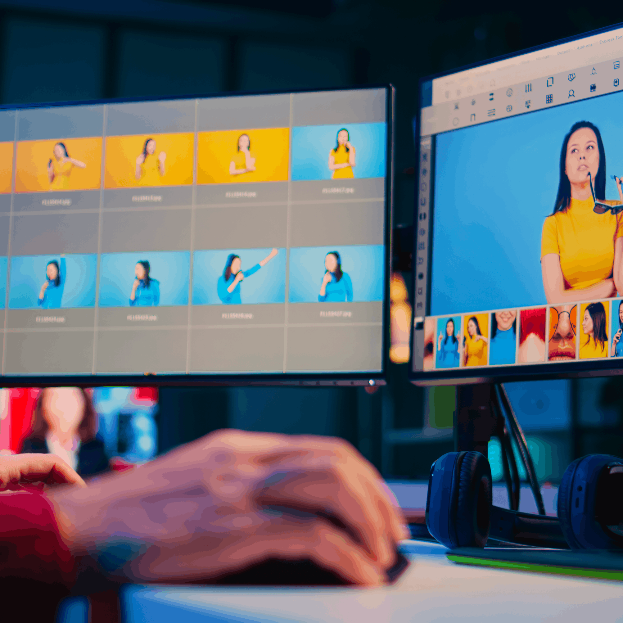 Personne utilisant un ordinateur avec deux écrans affichant des photos d'une femme en différentes poses sur fond jaune et bleu.
