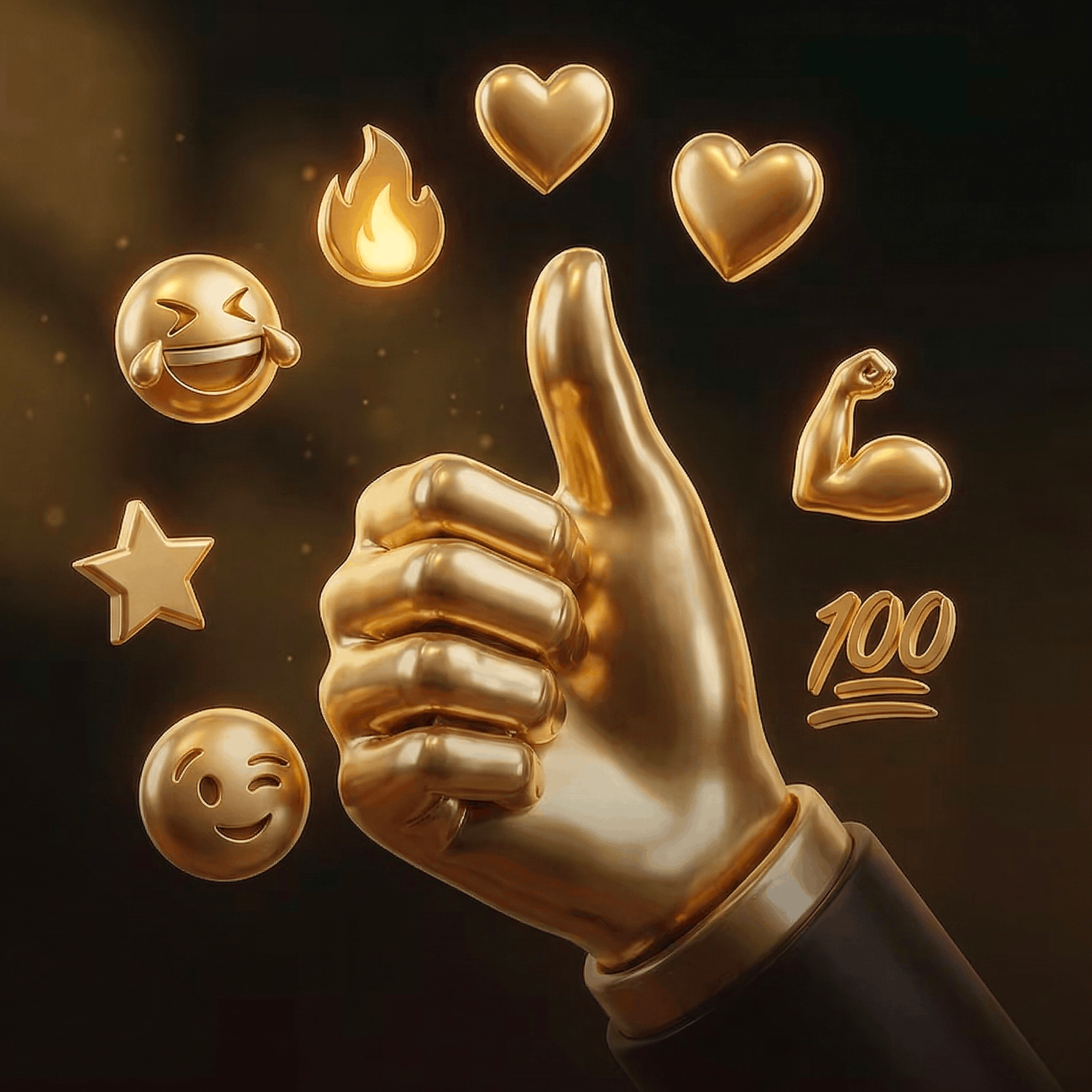 Main dorée faisant un pouce levé entourée d'emojis dorés incluant cœur, feu, muscle, sourire et étoile.