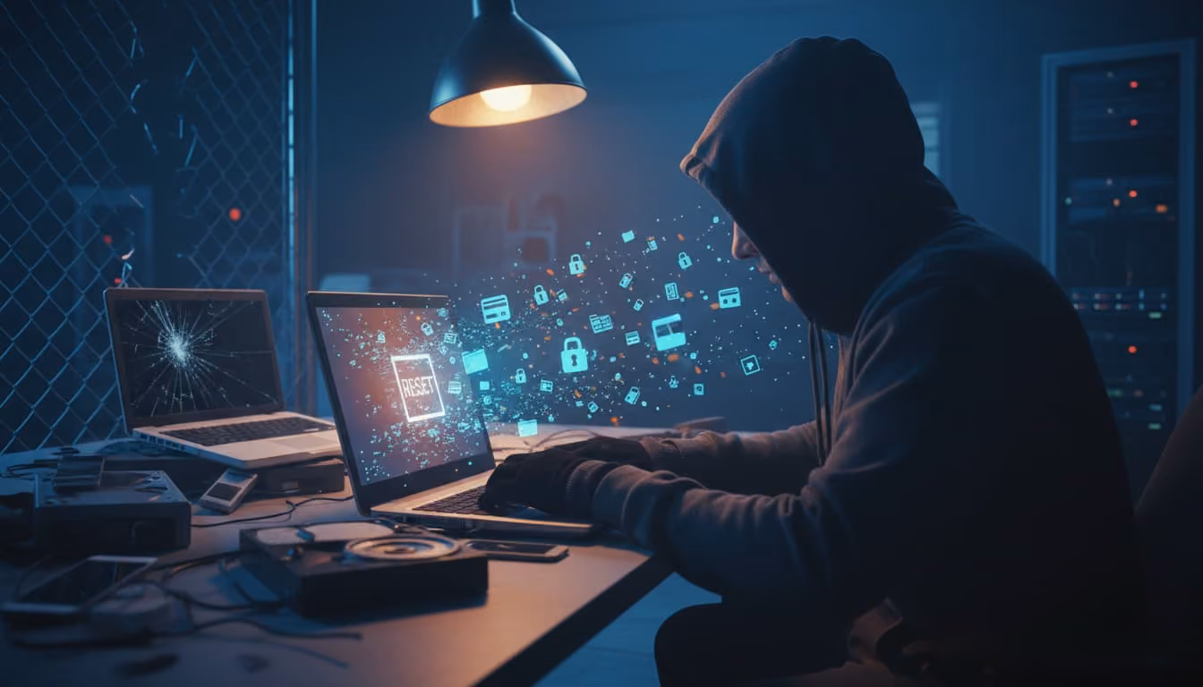 a hacker reseting settings of a PC ina dark room
