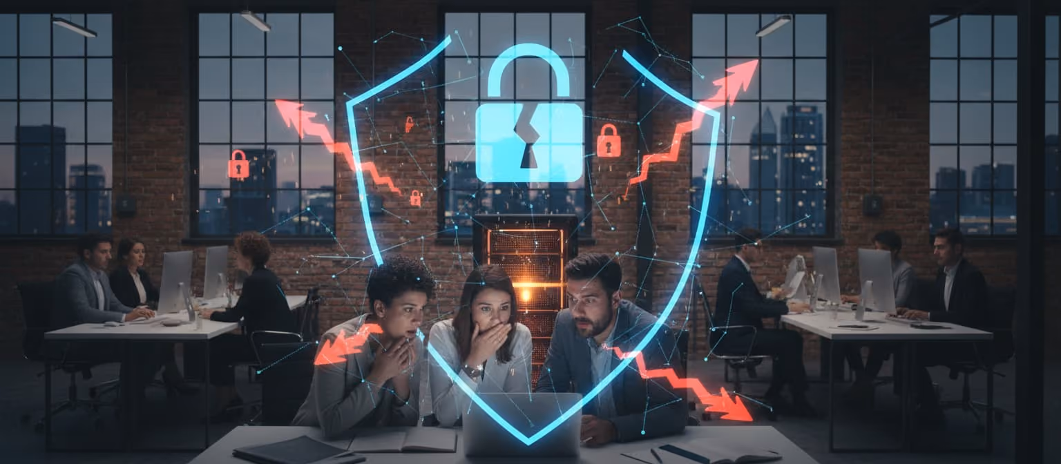 people at the office looking shocked at a cyber incident on a screen