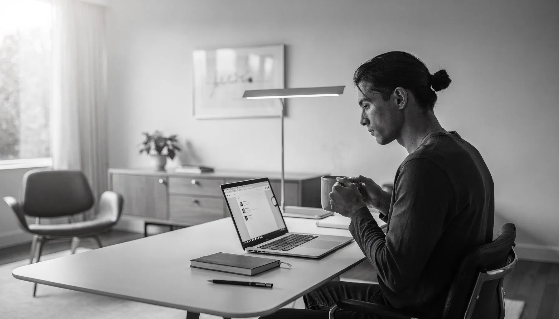 Ein Steuerberater vor einem aufgeräumten Schreibtisch