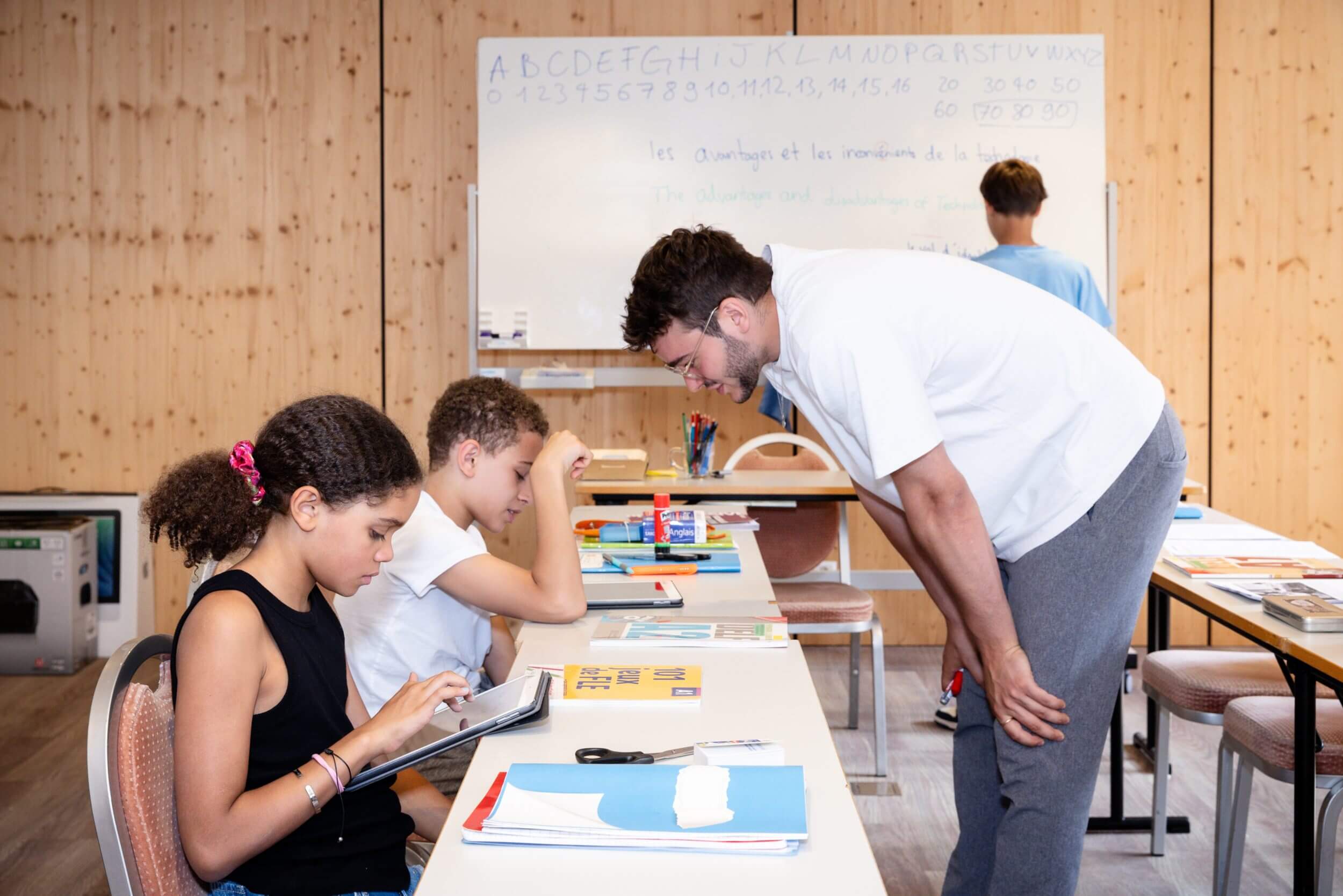A class of students participating in small-group lessons during ENSR’s language camp in Switzerland