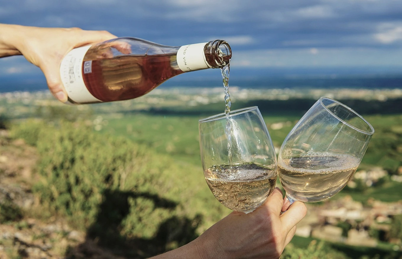 Person pouring white wine from a bottle into two clinking wine glasses with a green landscape and blue sky in the background.