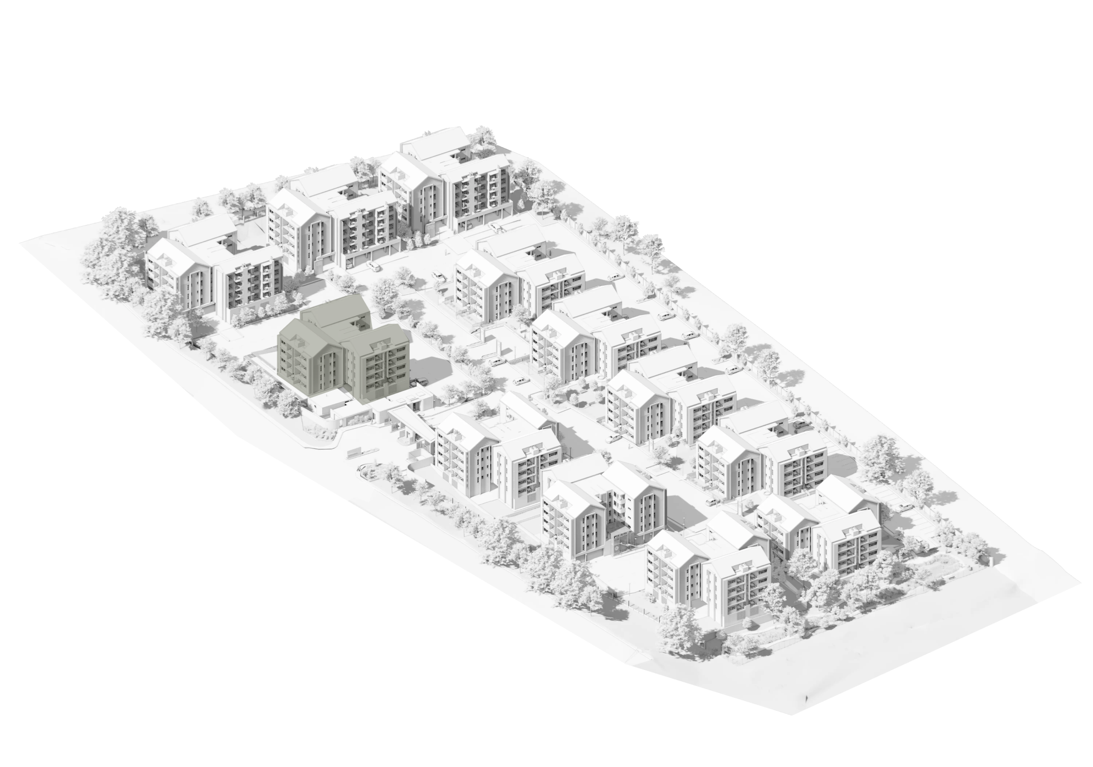 Isometric architectural model of a residential complex with multiple four-story apartment buildings surrounded by trees and landscaping.